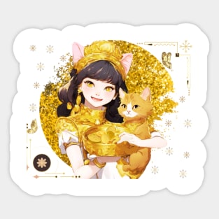 A beautiful young woman and a cute cat smile while giving people gold. Sticker